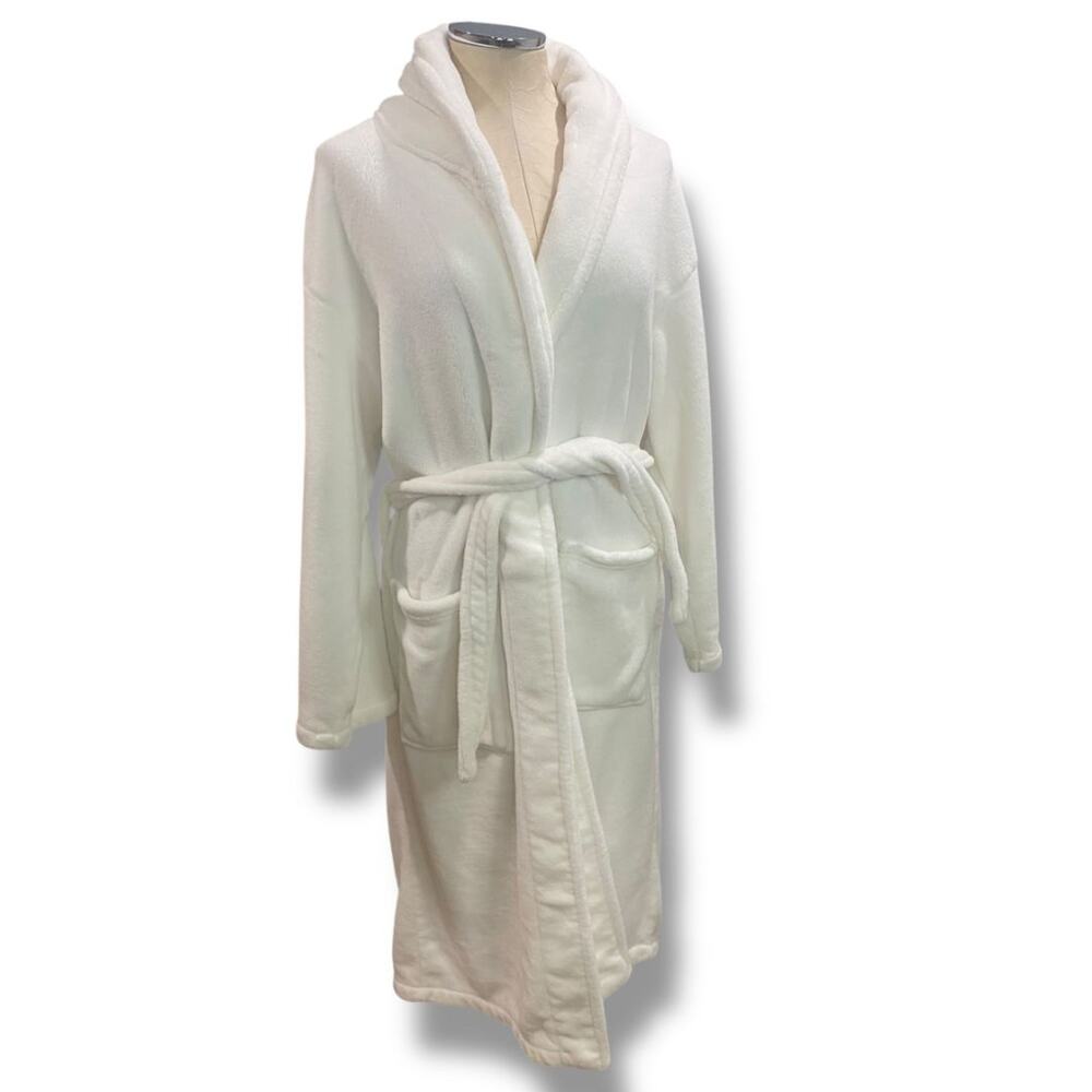 One Size White Belted Womens Robe‎ Fleece Fluffy Pockets